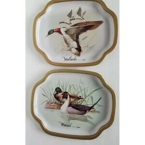 Vtg Metal Snack Tray Plates Mallard and Pintail Ducks Made in Japan (Set of 2)